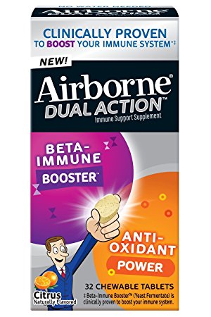 Airborne Dual Action Beta Immune Booster & Anti-Oxidant Immune Support Supplement, Citrus Chewable Tablets, 32 Count