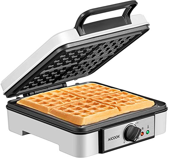 Belgian Waffle Maker Aicook, 4-Slice Waffle Iron 1200W with Temperature Control, Non-Stick, Electric Waffle Machine made of Anti-scald Phenolic Plastic, Easy to Use, Clean and Store