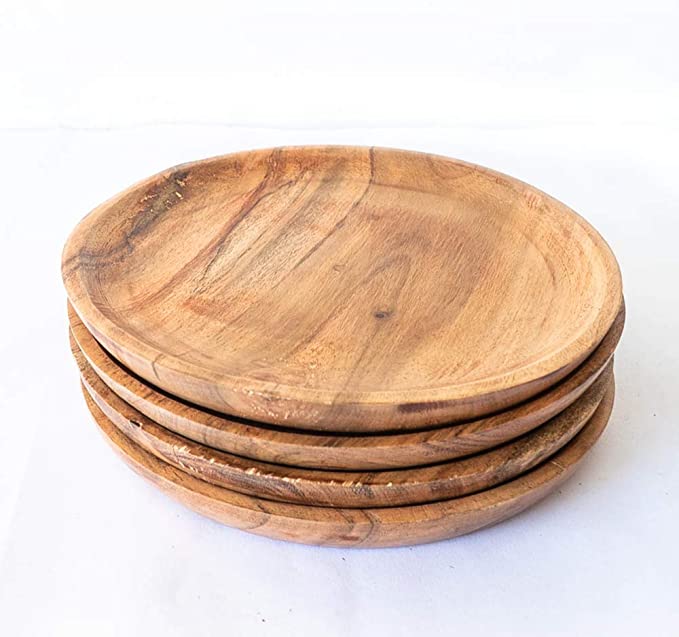 Kaizen Casa Round Mango Wood Dinner Plates set of 4 Perfect for your dining table decor. Gift to your mother or any relatives for special purpose.