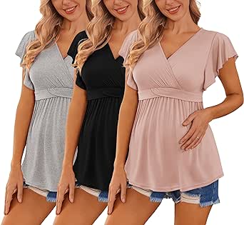 Ekouaer Maternity Shirts 3 Packs Flying Short Sleeve Nursing Tops Pregnancy Clothes