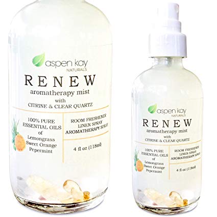 Aromatherapy Spray, Renew, Refresh & Energize. Citrus Blend, Made with Pure Essential Oils. Room & Linen Spray, with Citrine & Quartz Crystals in Each Bottle. 4oz (Renew - Citrus & Mint)
