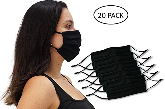 20 Pack Unisex Reusable Pleated Face Mask with Adjustable Elastic, 2 Layer, Washable, Nose Wire (Size OS, 20 Pack)
