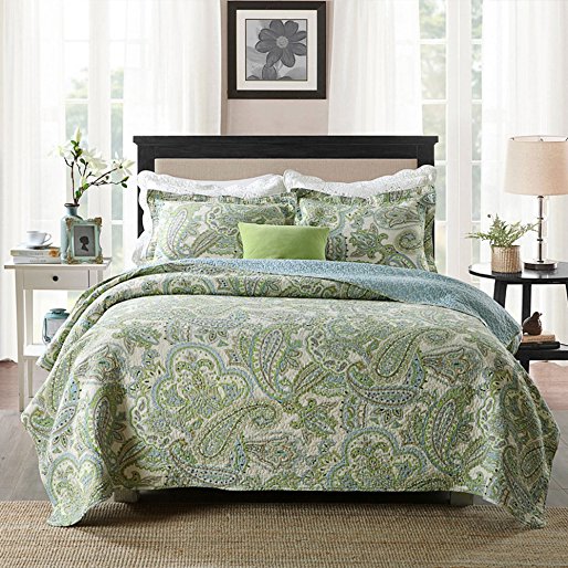 Brandream Green Paisley Printed Bedding Set Luxury Oversized Queen Quilt Set Soft Cotton Romantic Bedspreads Queen Size