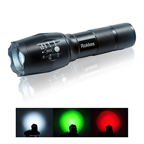 ROKKES LED Rechargeable Handheld Flashlight - Zoomable, Professional Ultra Bright 1500 Lumens from 3 CREE LEDs Torch, RGB 3 Colors Light, Tactical Portable Flashlights with 18650 Battery