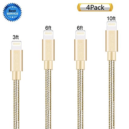 Zcen Lightning Cable, 4 Pack 3Ft 6Ft 6Ft 10Ft Nylon Braided Cord iPhone Cable to USB Charging Charger for iPhone 7, Plus, 6, 6S, SE, 5S, 5, 5C, iPad, iPod - Gold