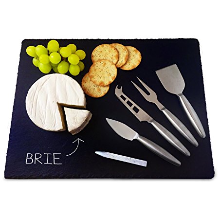 6-Piece 16 x 12 Inch Large Slate Cheese Server Board and Knife Chalk Gift Set - Incl. 4 Stainless Steel Cheese Cutlery Tools And Soap Stone Chalk Pencil- Slate Platter for Cheeses, Charcuterie, Tapas