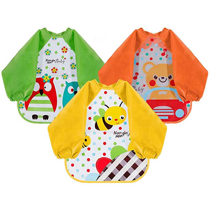 Lictin Bibs with Sleeves EVA Baby Bib 3pcs Waterproof Unisex Waterproof Long Sleeved Bib EVA Baby Bandana Drool Baby Bib Apron Baby Drool Bibs for Infant Toddler 6 Months to 3 Years Old(M)