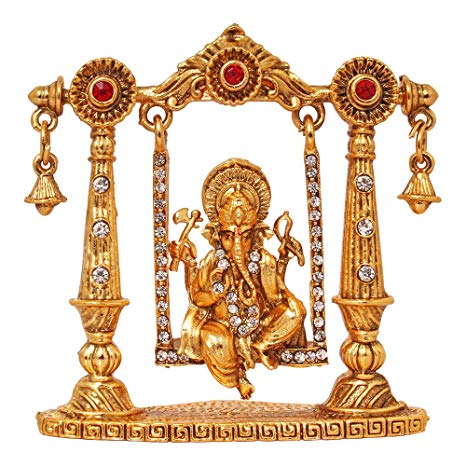 Art N Hub Bhagwan Ganesha Murti Mini Brass Dashboard Statue Figurine in Swing/Divine Elephant God Decorative Showpiece Idol for Success/Hindu Religious Lord Ganpati Vinayaka Resting Pooja Sculpture