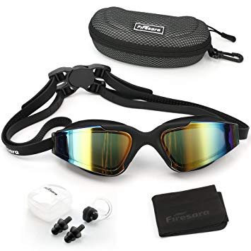 Firesara Swim Goggles, Swimming Goggles Tinted Lens Large Frame Anti Fog Cool Design Clear Vision No Leaking UV Protection with Protection Case& Ear Plugs for Adult Men Women Youth Kids Child