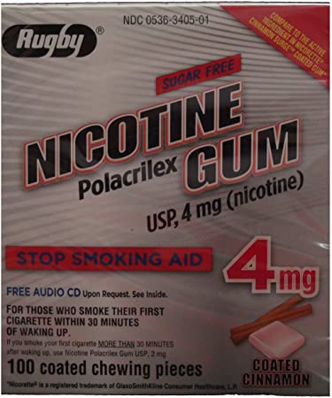 Rugby Nicotine Polacrilex Gum USP, 4mg (Nicotine_ Stop Smoking Aid 4 mg 100 Coated Cinnamon Pieces