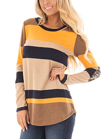 Dokotoo Womens Long Sleeve Stripesd Color Block Patchwork Blouse Tops and T-Shirts (S-XXL)