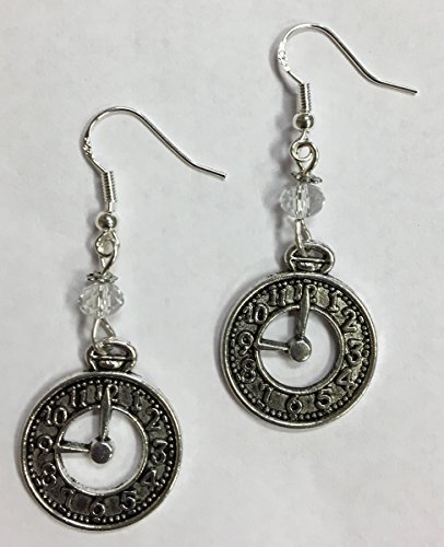 Clock earrings, steampunk style, with clear faceted crystal accent beads, on sterling silver earwires