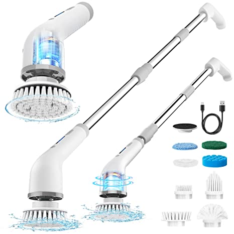 MoKo Electric Spin Scrubber, Shower Scrubber for Cleaning,490RPM Cordless Electric Cleaning Brush with 9 Replaceable Brush Heads and Long Adjustable Extension Handle for Shower, Bathroom,Tub