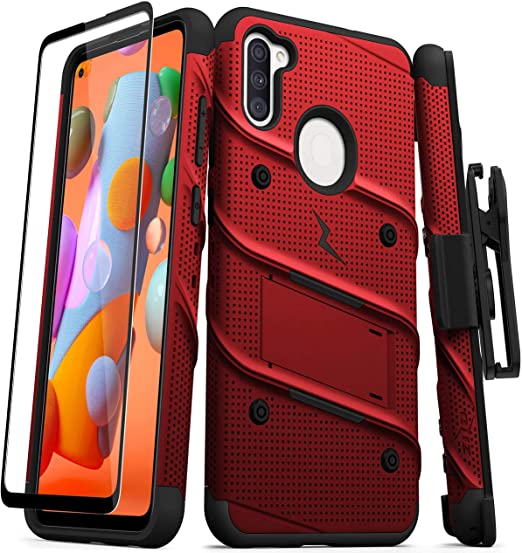 ZIZO Bolt Series Samsung Galaxy A11 Case with Screen Protector Kickstand Holster Lanyard - Red & Black