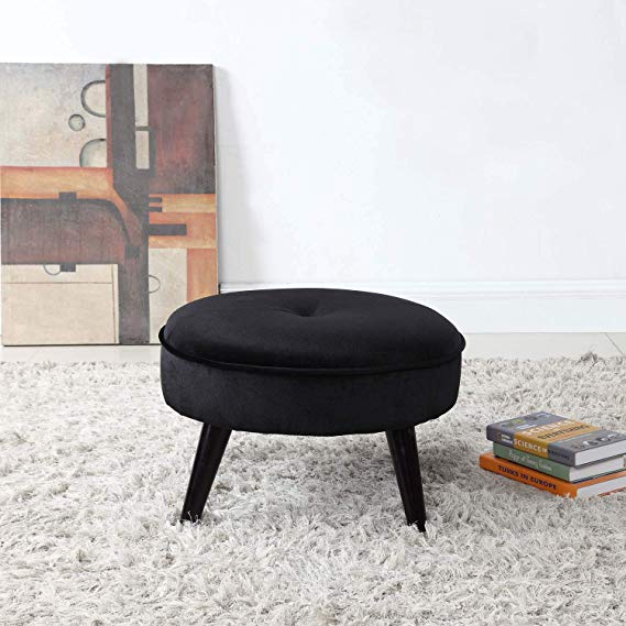 Divano Roma Furniture Classic Tufted Large Velvet Round Footrest/Footstool/Ottoman (Black)