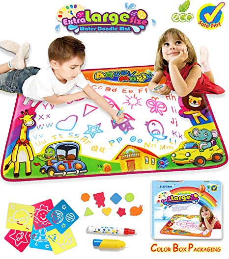 SupMLC Water Drawing Mat Aqua Magic Water Doodle Mat Colorful Extra Large Size 34.6 X 22.8 Inches for Kids Doodle Learning Toy Educational Boys Girls Gift Included Draw Templates with 2 Magic Pens