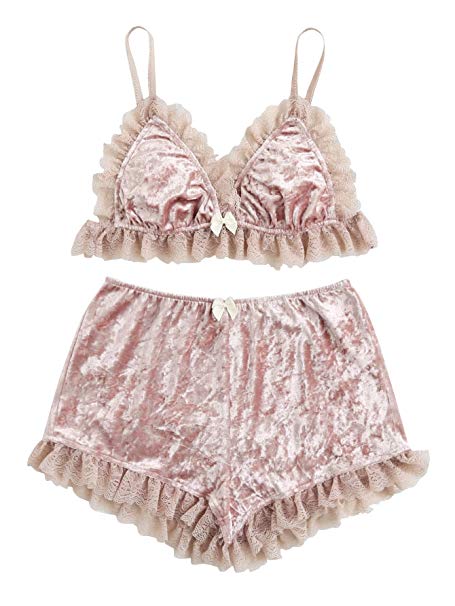 DIDK Women's Lace Trim Velvet Bralette and Shorts Pajama Set