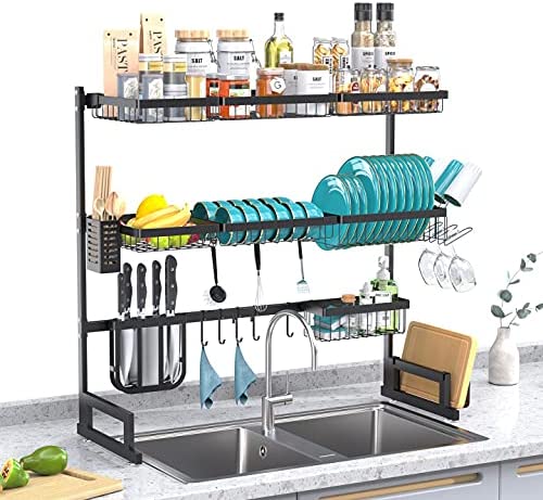 3 Tier Over Sink Dish Drying Rack, Adjustable Length(35.5"-42") Sink Drying Rack Stainless Steel, Large Dish Rack Drainer for Kitchen Organizer Storage Space Saver with 8 Utility Hooks (Black)