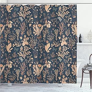 Ambesonne Floral Shower Curtain, Vintage Garden Plants Herbs Flowers Botanical Classic Design Illustration, Cloth Fabric Bathroom Decor Set with Hooks, 69" W x 70" L, Dark Blue