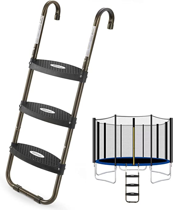 HBTower Trampoline Ladder, Trampoline Steps with Horizontal Wide Steps, Skid-Proof Steps Universal Hook, UV Treated Steel, 220Lbs Capacity Trampoline Stairs Accessories for Kids/Children