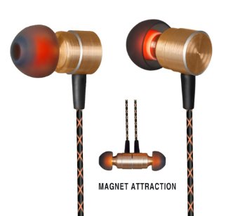 Earphones,Magnet Attraction In-Ear Earbuds Heaphones headset with Mic Microphone Stereo Bass with 3.5mm Jack (Golden)