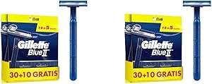 Gillette Blue II Maquinilla de Afeitar Hombre, Cuchillas de Afeitar desechables con Cabezal Fijo, 30 10 Gratis, 40 Unidades, Azul (Paquete de 2)