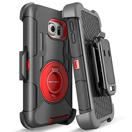 S6 Edge Case, Galaxy S6 Edge Case, BENTOBEN Shockproof Heavy Duty Protection Hybrid Rugged Rubber Case Built-in Rotating Kickstand Belt Swivel Clip Holster Cover for Galaxy S6 Edge/SM-G925 (Black/Red)