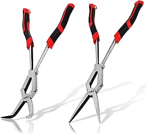 ABN Straight and 45-Degree Bent Needle Nose Pliers Set, Long Reach Pliers 2 Pack - Extra Extended Plier Kit with Curve Angled and Straight Angle, Professional Thin Nosed for Skinny Sharp Angles