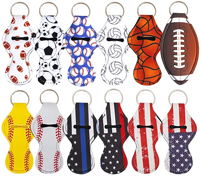 Chapstick Holder Keychain, 12 Pieces Different Neoprene Lip Balm Keychain Holder (8 Sports 4 Flag)