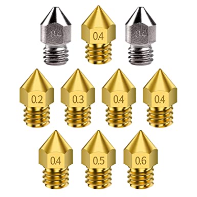 Creality 3D Printer 0.2mm, 0.3mm, 0.4mm, 0.5mm, 0.6mm MK8 Brass Nozzles and Hardened Steel Extruder Nozzles Kit for Ender 3 Series and CR-10 Series [10 Pcs]