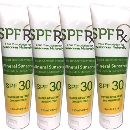 SPF Rx 4 Pack SPF 30 Sunscreen With Zinc Oxide & Titanium Dioxide – Best For Kids & Adults During Outdoor Activities Biking, Snowboarding, Swimming, Tennis, Soccer For A Long Time (4 Oz, 4 Pack)