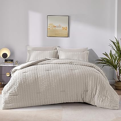 CozyLux Queen Seersucker Comforter Set with Sheets Beige Bed in a Bag 7-Pieces All Season Bedding Sets with Comforter, Pillow Sham, Flat Sheet, Fitted Sheet, Pillowcase