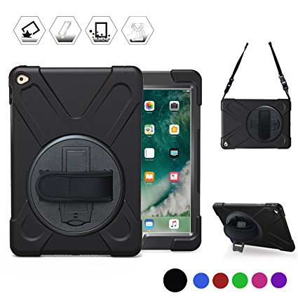 iPad Air2 case, TSQ Heavy Duty, Full-body Rugged Protective Case with Shoulder Strap / Hand Strap / Rotating kickstand, Three-Layer shockproof Silicone, Hard case cover for iPad 6 (2014) (black)