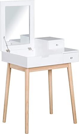 HOMCOM Coiffeuse Design scandinave Table de Maquillage Multi-rangements Miroir Pliable 60L x 50l x 86H cm pin et MDF Blanc