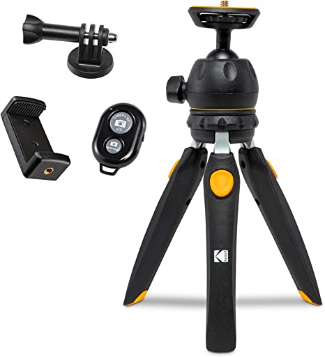 Kodak Mini Tripod for Luma 75, Luma 150, Luma 350 with 360° Ball Head, Adjustable Compact 9” Tabletop Tripod, 5-Position Legs, Rubber Feet, Remote Control, Smartphone & Action Camera Adapters Included