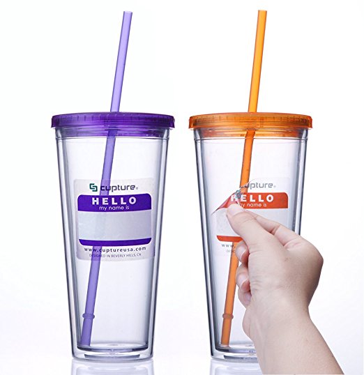 Cupture Classic Insulated Double Wall Tumbler Cup with Lid, Reusable Straw & Hello Name Tags - 24 oz, 2 Pack (purple/orange)