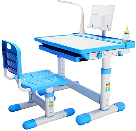 BRIGHTSHOW Kids Desk Table and Chair Set Adjustable Height Childs Study Desks School Student Writing Tables W/Pull Out Drawer Storage,Pencil Case,Bookstand,LED Light (Blue)