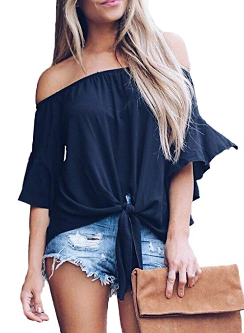 FARYSAYS Women's Striped 3/4 Bell Sleeve Off The Shoulder Front Tie Knot T Shirt Tops Blouse