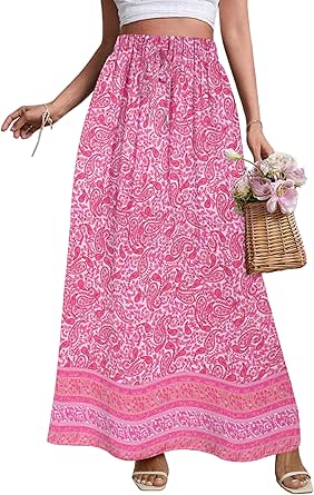 Zeagoo Women's 2024 Boho Floral Skirt Casual Elastic High Waist Maxi Skirts Flowy A Line Beach Long Skirt with Side Pockets