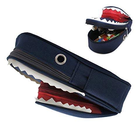 Aisa Shark Pen Pencil Case Large Capacity Canvas Stationery Pouch Bag Case Storage Bag Color Blue