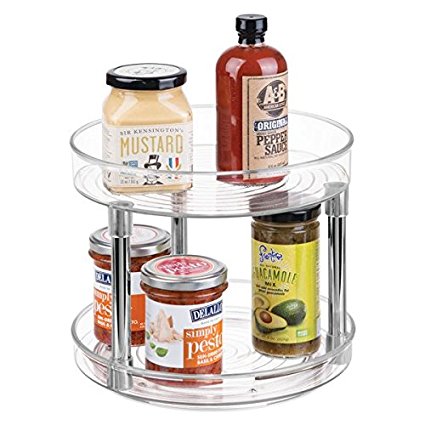 mDesign 2-Tier Lazy Susan Turntable Spice Organizer for Kitchen - 9", Clear/Chrome