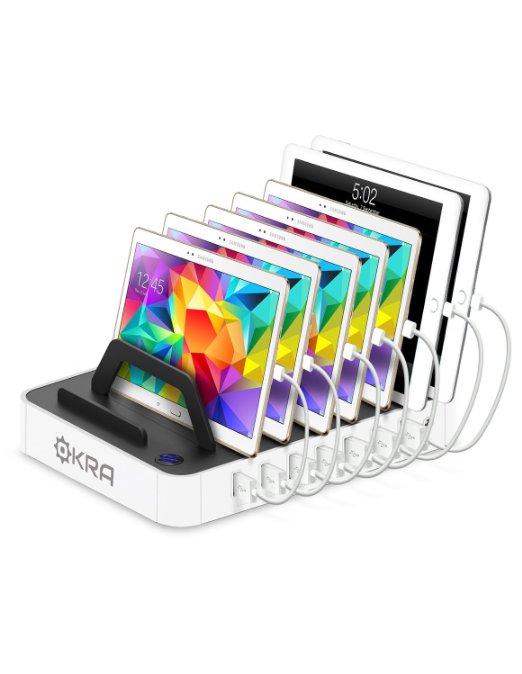 7-Port USB Charging Station Pro, Okra® [Most Powerful] Universal Desktop Tablet & Smartphone Multi-Device Hub Charging Dock for iPhone, iPad, Samsung Galaxy, Tablets [Charge 7 Tablets at Once] (White)