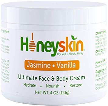 Organic Moisturizing Face and Body Cream - with Manuka Honey and Shea Butter - Hydrating Facial Moisturizer - Anti Aging and Wrinkle - Skin Tightening and Firming - Natural Jasmine Vanilla Scent (4oz)
