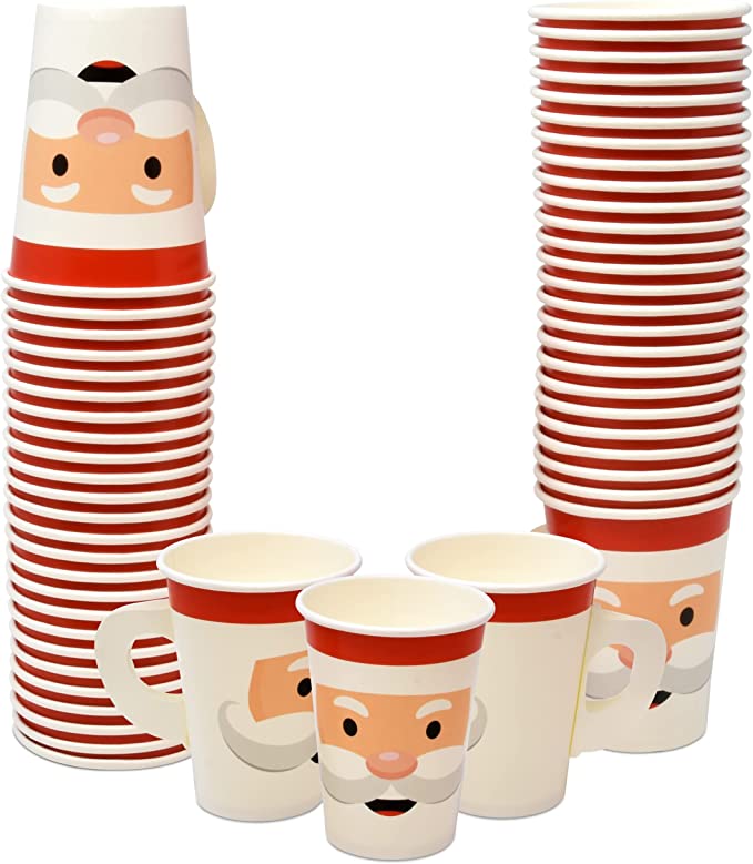 50 Pack Disposable Paper Christmas Cups with Handles 9 oz. Santa Face Dinner Drinking Cup Winter Xmas Beverage Drink Dinnerware Set for Adults Kids Festive Holiday Tableware Party Supplies Decorations