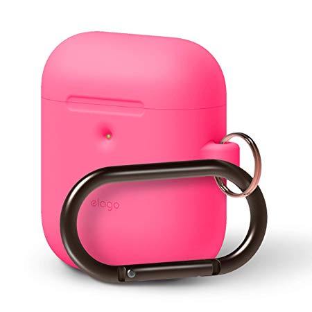 elago AirPods Hang Case [Neon Hot Pink] - Front LED Visible, Supports Wireless Charging, Extra Protection, Added Carabiner, 2019 Latest Model - for AirPods 2 Wireless Charging Case