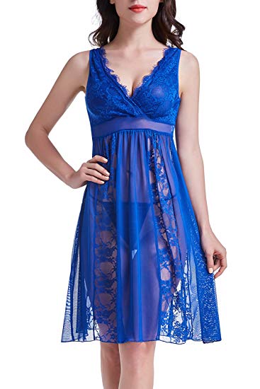 HiMiss Women's Long Lace Lingerie Babydoll Sheer Gown Chemise Mesh Nightdress