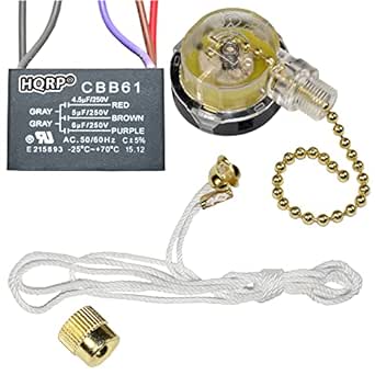 HQRP Kit Ceiling Fan Capacitor CBB61 4.5uf 5uf 6uf 5-Wire UL Listed and 3-Speed Fan Switch