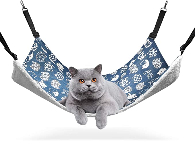 ComSaf Reversible Cat Hammock, Breathable Pet Cage Hammock with Adjustable Straps and Metal Hooks, Double-Sided Hanging Pet Hammock Bed for Cats, Ferret, Puppy, Other Small Animals, 22 x 19 inch