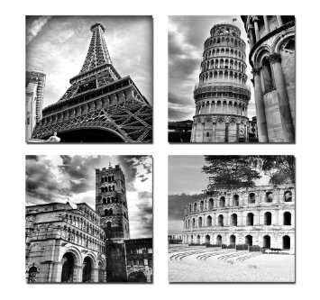 Wieco Art - Architectures Modern 4 Panels Giclee Canvas Prints Europe Buildings Black and White Landscape Pictures Paintings on Canvas Wall Art Ready to Hang for Bedroom Home Office Decorations