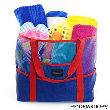 Dejaroo Mesh Beach Bag – Toy Tote Bag – Large Lightweight Market, Grocery & Picnic Tote with Oversized Pockets